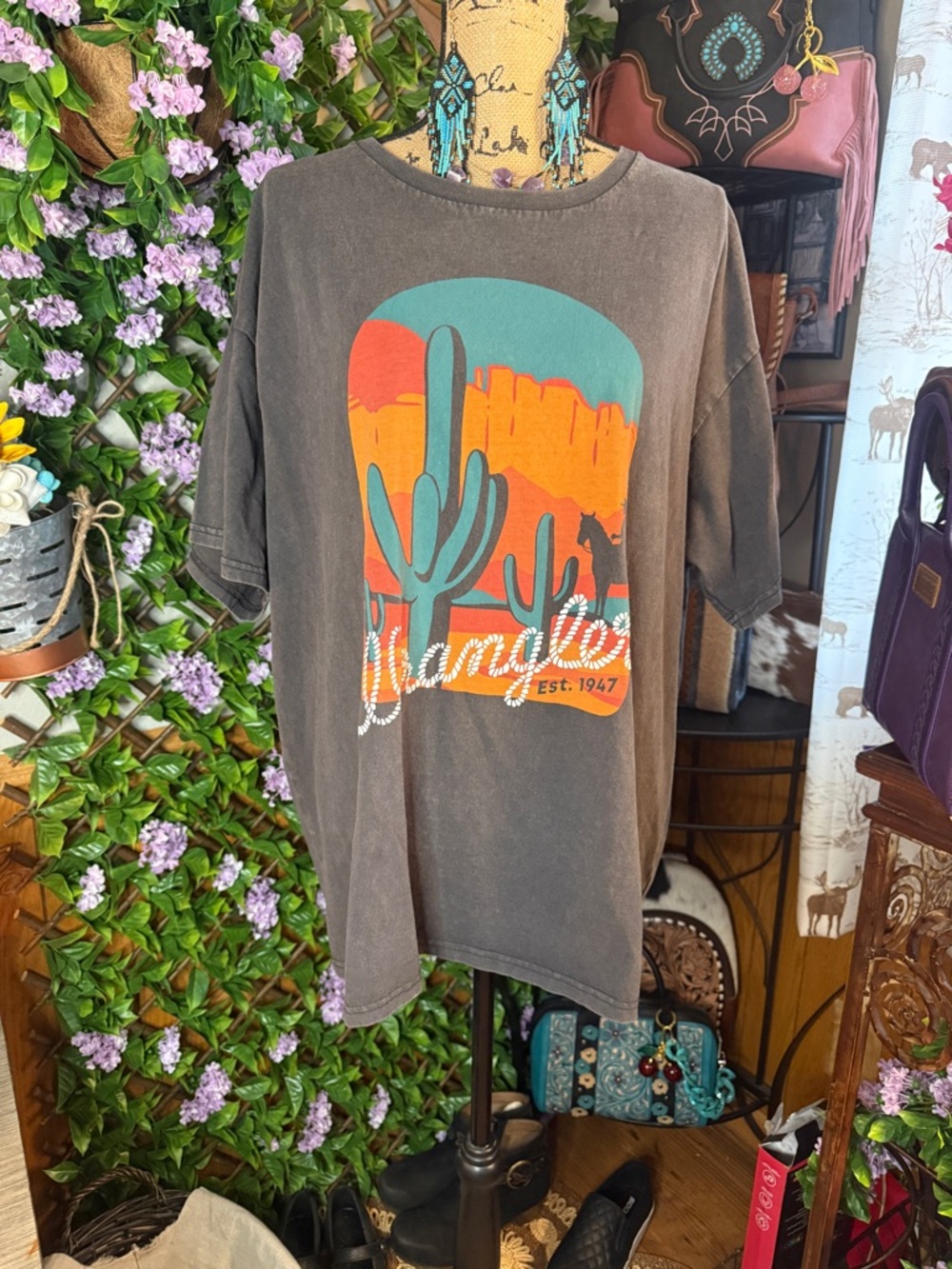 Wrangler Oversized Desert Cactus Tee in Teal & Orange on Charcoal